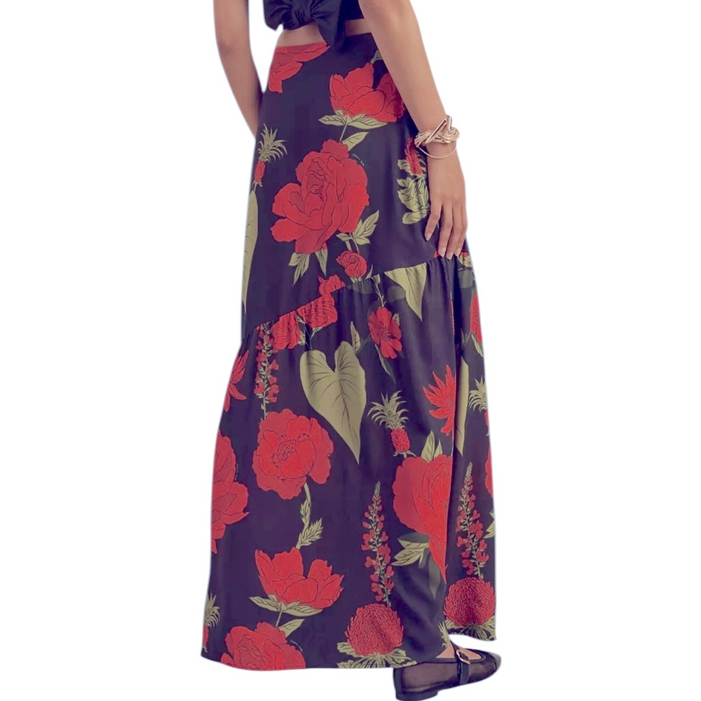 Farm Rio Floral Maxi Slip Skirt Asymmetrical Ruffle Red Black Small S - Picture 8 of 11